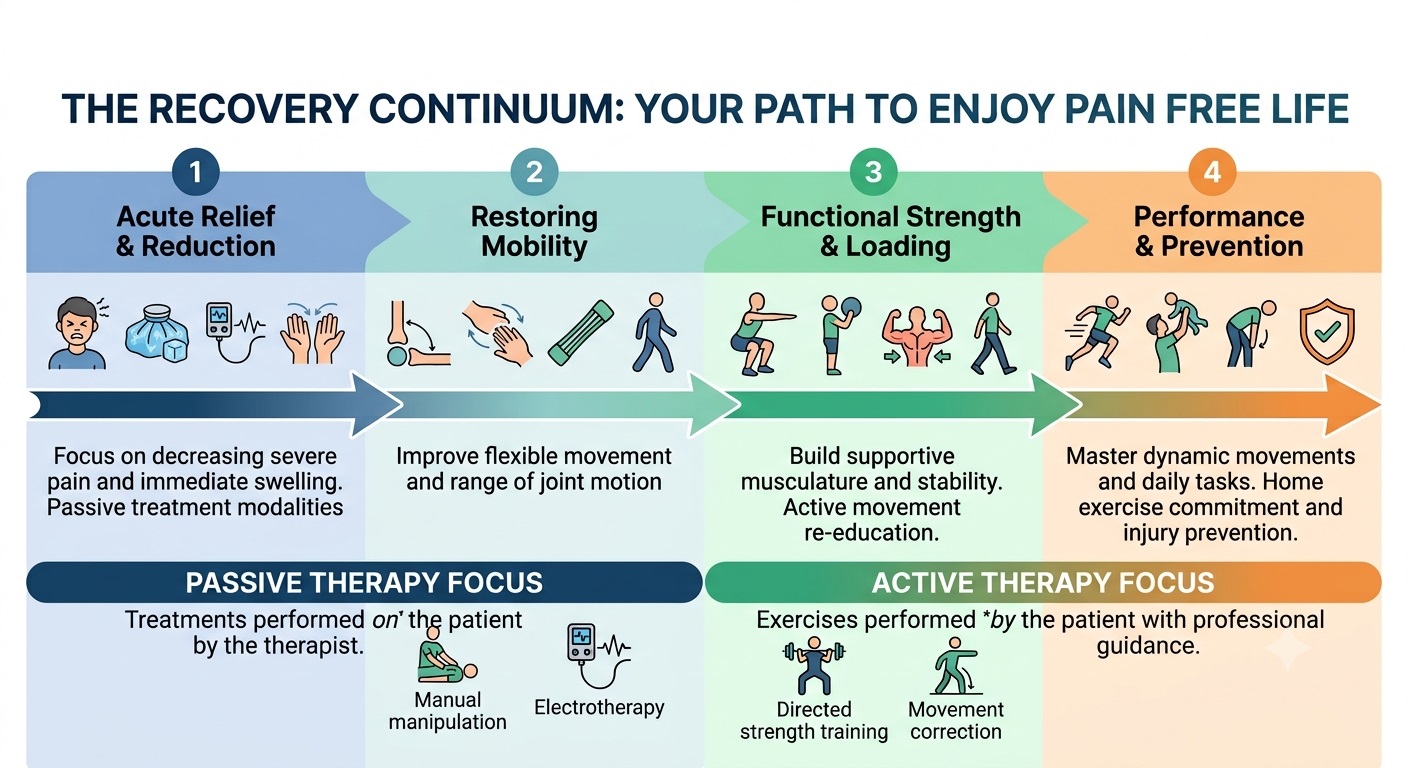 The Recovery Continuum: A visual timeline showing the journey from acute pain relief (passive therapy) to functional strength and long-term maintenance (active therapy).