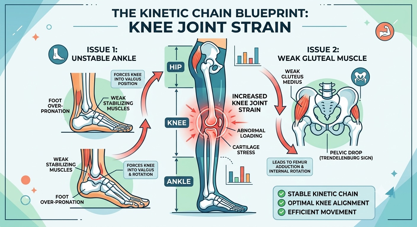 Joint Pain Expert Physiotherapy - Mostfit Physiotherapy Center The Kinetic Chain Blueprint: A visual guide showing how an unstable ankle or weak gluteal muscle directly increases mechanical strain on the knee joint.