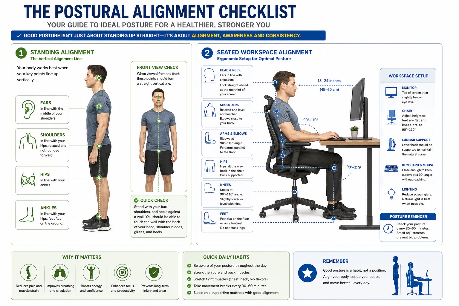 The Postural Alignment Checklist: A clear, step-by-step graphical guide detailing the ideal ear, shoulder, hip, and ankle alignment lines for both standing and seated workspaces.
