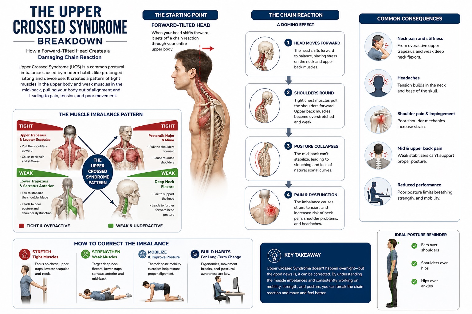 The Upper Crossed Syndrome Breakdown: A detailed visual diagram illustrating how a forward-tilted head creates a damaging chain reaction of tight neck muscles and weak mid-back stabilizers.
