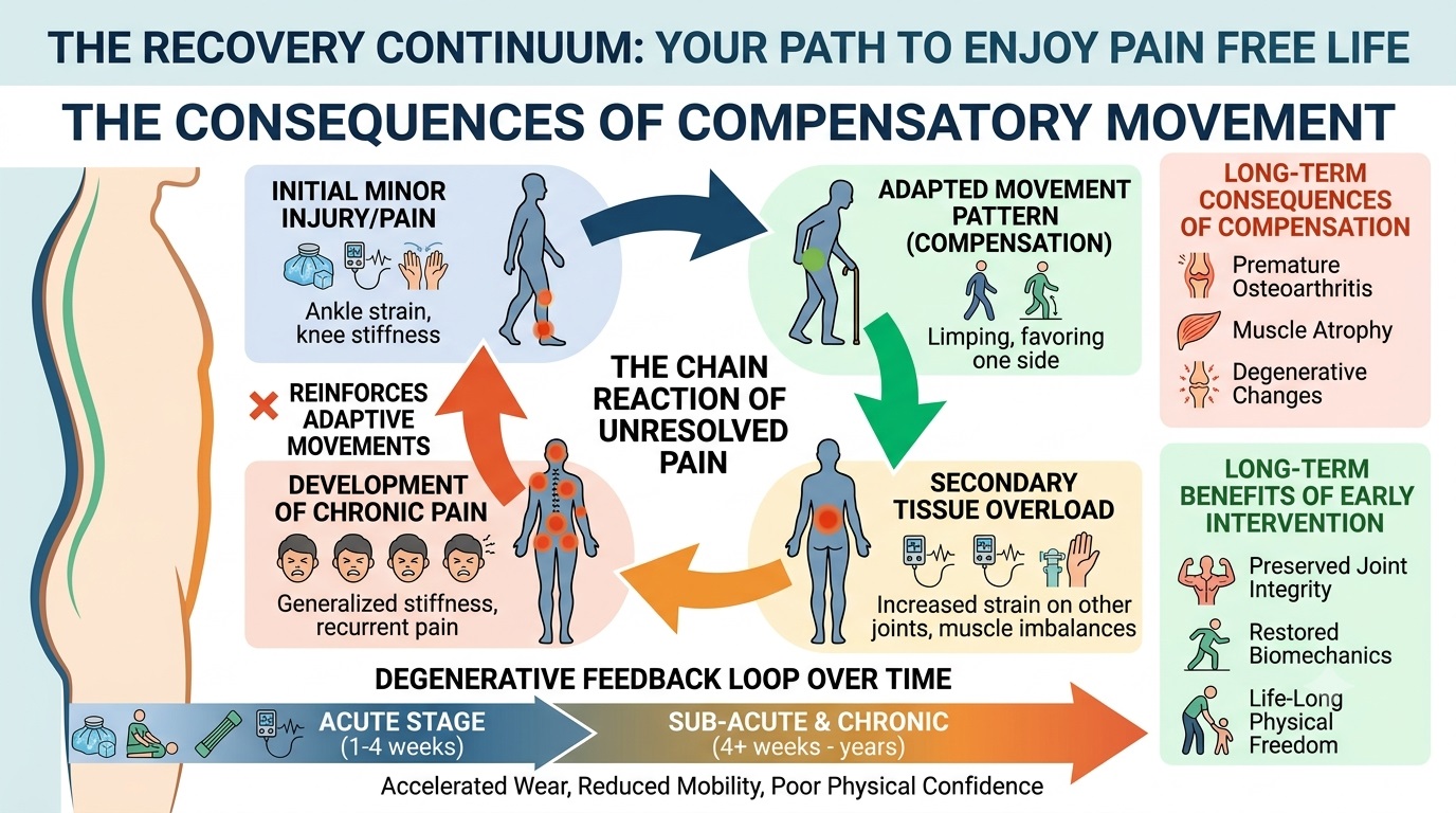 The Consequences of Compensatory Movement: An anatomical diagram showing how a minor ankle or knee injury can cause alignment issues, leading to chronic lower back pain.